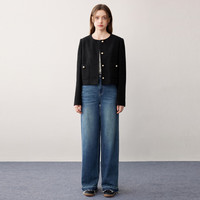 乐町松紧腰牛仔阔腿裤20秋季清甜格雷系经典洗水裤子 深牛仔蓝 L