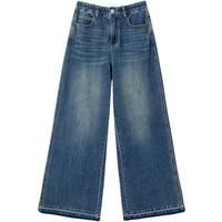 乐町松紧腰牛仔阔腿裤20秋季清甜格雷系经典洗水裤子 深牛仔蓝 XS