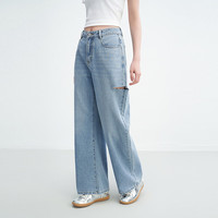 乐町高腰破洞直筒牛仔裤2025年夏季宽松显瘦个性阔腿裤子女 牛仔浅蓝 L