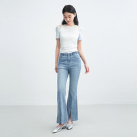 乐町松紧腰喇叭牛仔裤2025年夏季长腿开叉设计显瘦高腰微喇裤 淡色牛仔蓝 L