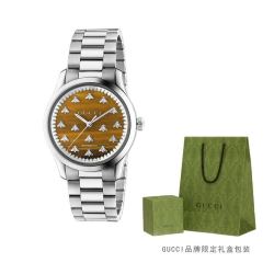 GUCCI 古驰 小蜜蜂38mm棕色虎眼石表盘男士女士机械手表情侣款50米防水