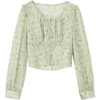 德玛纳 dme【薄荷曼波】春秋甜妹少女心碎花衬衫仙美治愈泡泡袖遮肉衬衣
