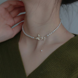 花饰庄园 淡水珍珠项链女轻奢蝴蝶吊坠小众设计感锁骨链 双蝴蝶仿珍珠款项链