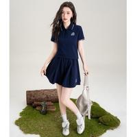 夏季英文绣花修身百搭短袖POLO衫配高腰阔短裤休闲运动套装女