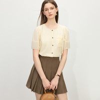 范思蓝恩 撞色圆领减龄通勤衬衫女夏季2025圆领设计感上衣2073 米黄色 XS