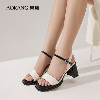 奥康（Aokang）官方女鞋 夏季新品时尚舒适简约通勤高跟鞋休闲一字带凉鞋