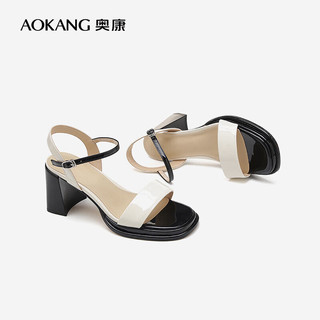 奥康（Aokang）官方女鞋 夏季新品时尚舒适简约通勤高跟鞋休闲一字带凉鞋