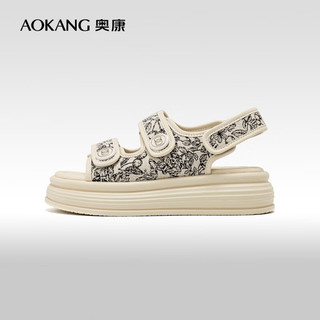 奥康（Aokang）官方女鞋 夏季新款新中式时尚魔术贴厚底休闲凉鞋百搭沙滩鞋 米白色 36 230mm