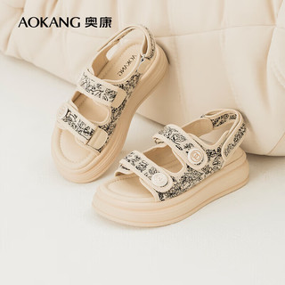 奥康（Aokang）官方女鞋 夏季新款新中式时尚魔术贴厚底休闲凉鞋百搭沙滩鞋 米白色 36 230mm