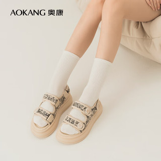 奥康（Aokang）官方女鞋 夏季新款新中式时尚魔术贴厚底休闲凉鞋百搭沙滩鞋 米白色 36 230mm