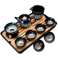 正扬 建盏茶具套装 （沙金/美人壶）+长方（条纹） 10件套 黑