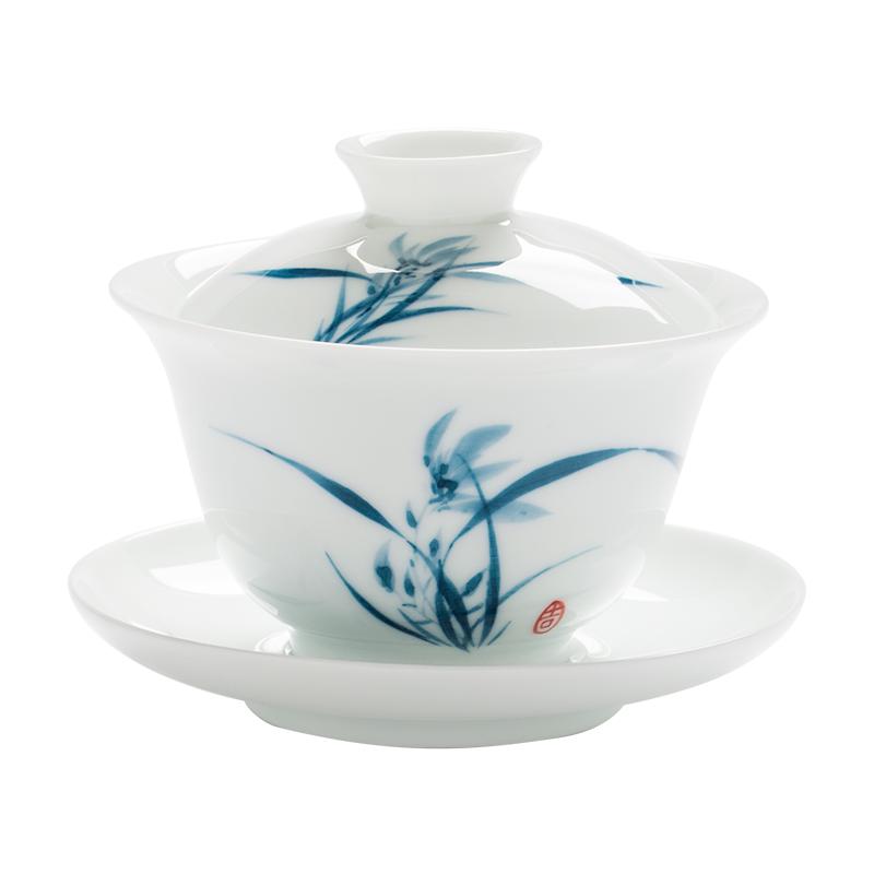 唯古 手绘三才盖碗茶杯大号三炮台白瓷单个青花瓷功夫茶具泡喝敬沏陶瓷中式复古家用办公 兰花款(满杯150ml)