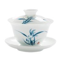 唯古 手绘三才盖碗茶杯大号三炮台白瓷单个青花瓷功夫茶具泡喝敬沏陶瓷中式复古家用办公 兰花款(满杯150ml)