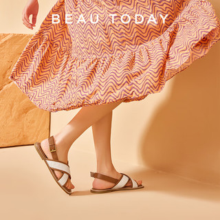 BEAUTODAY织凉鞋女鞋2025夏季拖鞋女外穿防滑复古交叉带平底女凉鞋女 米白色 35