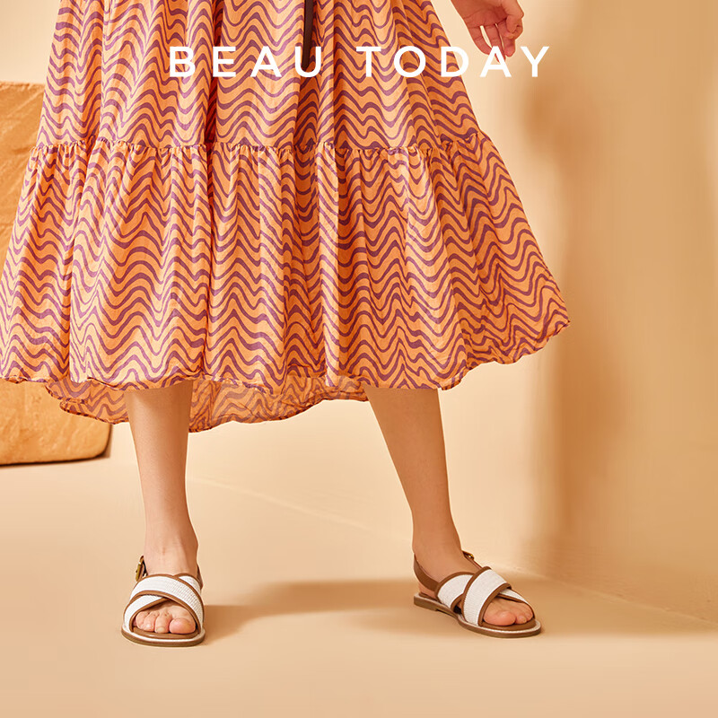 BEAUTODAY编织凉鞋女鞋2025夏季新款拖鞋女外穿防滑复古交叉带平底女凉鞋女