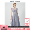 VEGA CHANG 女士法式连衣裙 碎花裙 收腰褶皱小飞袖荷叶边裙