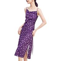 尚都比拉法式复古波点连衣裙秋季中长款抽褶收腰显瘦吊带裙 石楠紫 M 