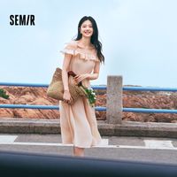 森马连衣裙女修身荷叶边甜美风慵懒2024夏季小飞袖中长裙温柔