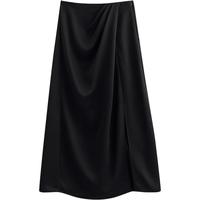 初语法式流光缎面半身裙女2025年黑色裙子春季开叉中长a字裙 黑色 S