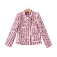 晚白2025春款时尚粗花呢通勤百搭小香风短款小个子外套女 粉色 XL