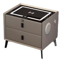 费林斯曼智能床头柜卧室实木多功能无线充电指纹锁轻奢现代简约床边储物柜 浅灰色 无线充+三色灯 【免安装】实木双抽 40CM