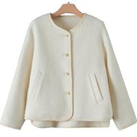 晚白2024冬季时尚简约厚外套纯色休闲绵羊毛短款毛料外套女 米白色 L