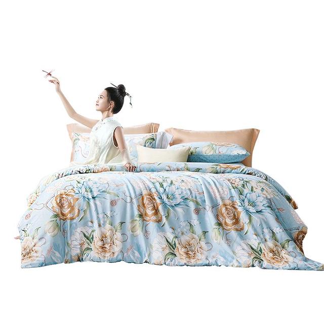富安娜 家纺 床上四件套纯棉 圣之花-风华系列-蓝海音 1.5米床 床单款 (被套203*229cm)