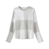 AMII2024冬温暖柔糯圆领撞色格纹仿貂绒毛衣女宽松落肩袖上衣 海鸥灰 160/84A/M