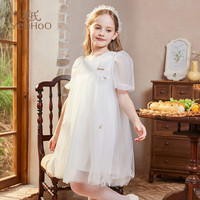 英氏（YEEHOO）女童连衣裙儿童裙子夏季薄款短袖网纱公主裙中大童装洋气夏装新款 宫廷泡泡袖-白色 160