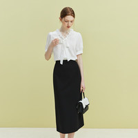 范思蓝恩23FS12513 法式木耳边V领衬衫女夏季蝴蝶结衬衣 白色 XL