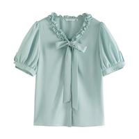 范思蓝恩23FS12513 法式木耳边V领衬衫女夏季蝴蝶结衬衣 冰清蓝 XS