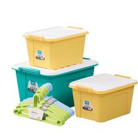 茶花家用大号收纳箱塑料衣物收纳箱棉被整理箱有盖衣服玩具置物储物箱 【58升】带盖滑轮款 【黄色】3个装