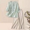 子牧棉麻 女士浅绿上衣+杏色裤子两件套