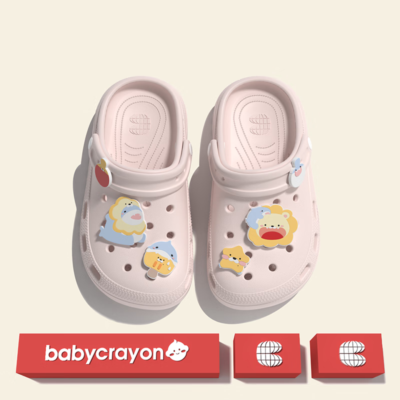 babycrayon2025新款儿童奇点洞洞鞋男宝女童户外室内包头凉拖diy鞋花 粉色【狮子鲨鱼】 22 cm内长【220】适合34-35脚