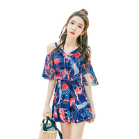 佑游泳衣女新款连体遮肚显瘦性感小胸保守大码韩国ins温泉游泳衣 米白花(如厕) M (建议80-92斤)