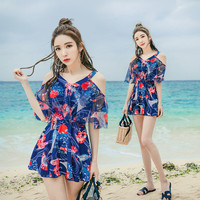 佑游泳衣女连体遮肚显瘦性感小胸保守大码韩国ins温泉游泳衣 藏蓝花(如厕) XL (106-118斤)