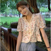 FSHE法式荷叶边方领衬衫女2025夏超仙温柔风泡泡袖衫碎花上衣 粉色花朵 L 108-117斤