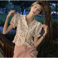 FSHE法式荷叶边方领衬衫女2025夏超仙温柔风泡泡袖衫碎花上衣 黄色花朵 L 108-117斤