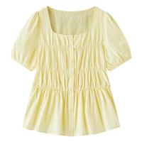 森马（Semir）短袖衬衫女方领泡泡袖2025夏修身纯棉绣花衬衣 蛾黄31006 S