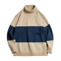 马登 MADEN工装 复古双色拼接高领毛衣男冬织麦穗肌理保暖套头纯棉针织衫 卡其蓝 M