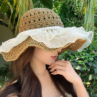 思织沁草帽女夏季出游高级感大帽檐薄款透气蕾丝花边镂空遮全脸超大帽子 款蕾丝草帽—米色