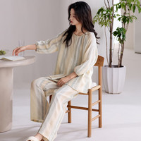 紫色花语【双层棉纱】100%纯棉七分袖套装睡衣女春夏季薄款家居服 浅蓝XL