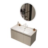 YILANG 镱朗 304不锈钢浴室柜组合 灰色极简奶油风洗手洗脸盆洗漱台一体陶瓷盆 90智能圆镜