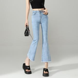 时尚毛边百搭微喇牛仔裤女款夏季高腰修身小个子九分喇叭裤子女