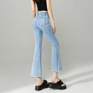 时尚毛边百搭微喇牛仔裤女款夏季高腰修身小个子九分喇叭裤子女