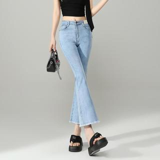 时尚毛边百搭微喇牛仔裤女款夏季高腰修身小个子九分喇叭裤子女