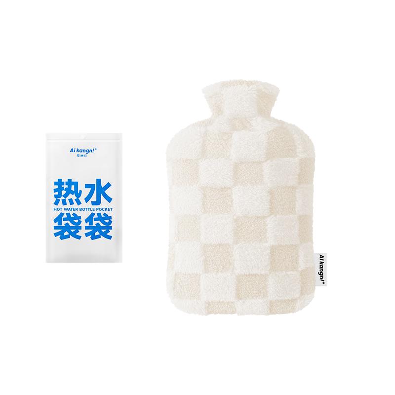 热水袋注水暖水袋暖肚子暖脚暖被窝防爆加厚高颜值保暖1L米色 【米色布套】+【1L透明热水袋】