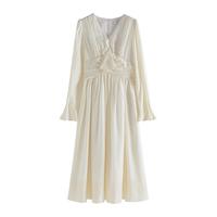 范思蓝恩秋季时髦精系列法式荷叶浪漫连衣裙女秋装2024设计感收腰裙子 米色 XL