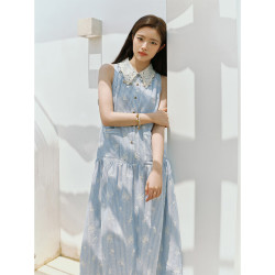 范思蓝恩 海边度假连衣裙女夏重工织蓝色条纹2618 微风蓝 XS