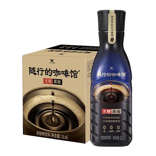 统一 随行的咖啡馆无糖黑咖浓咖啡饮料 1升*6瓶